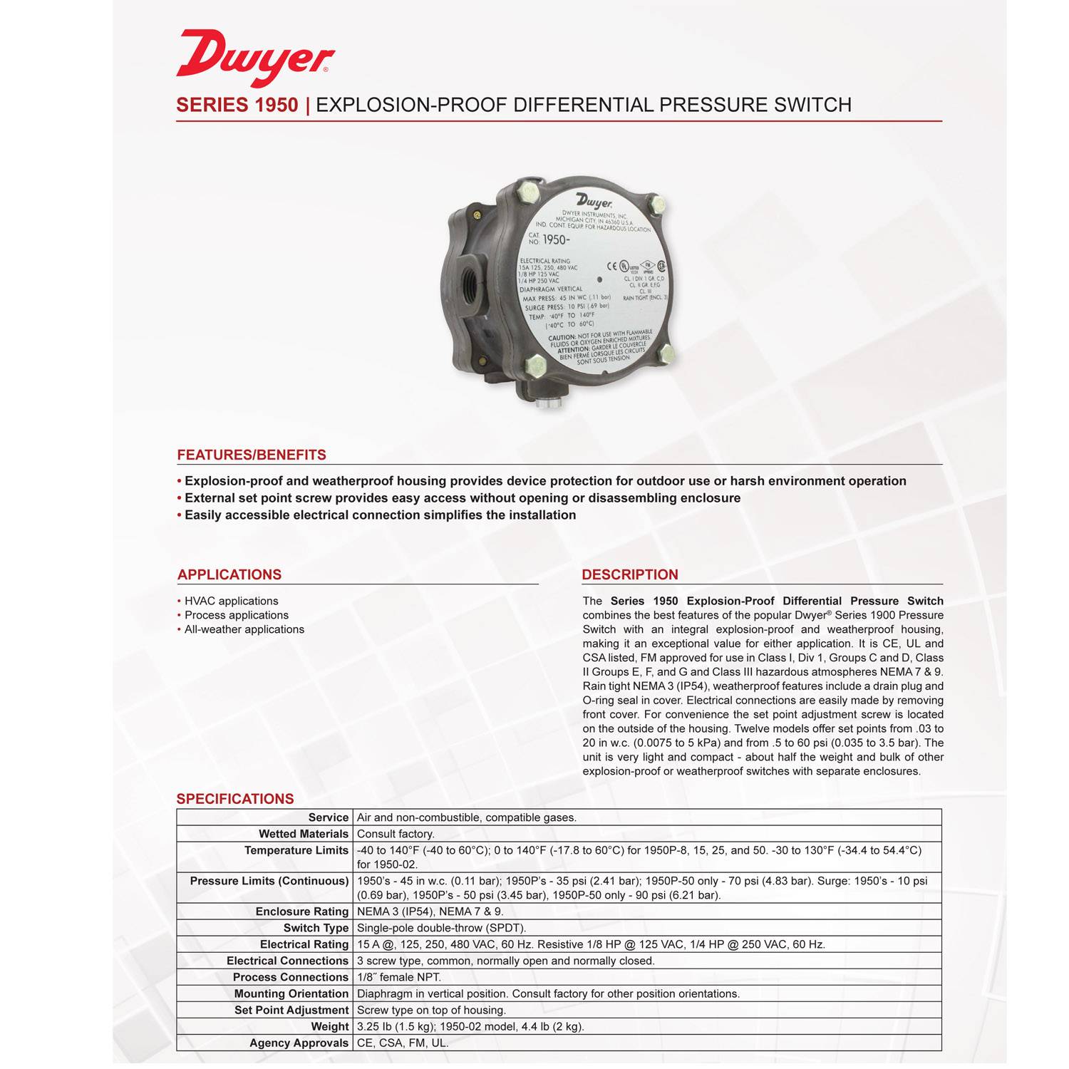 Dwyer Explosion Proof Differential Pressure Switch 1950 Weatherproof