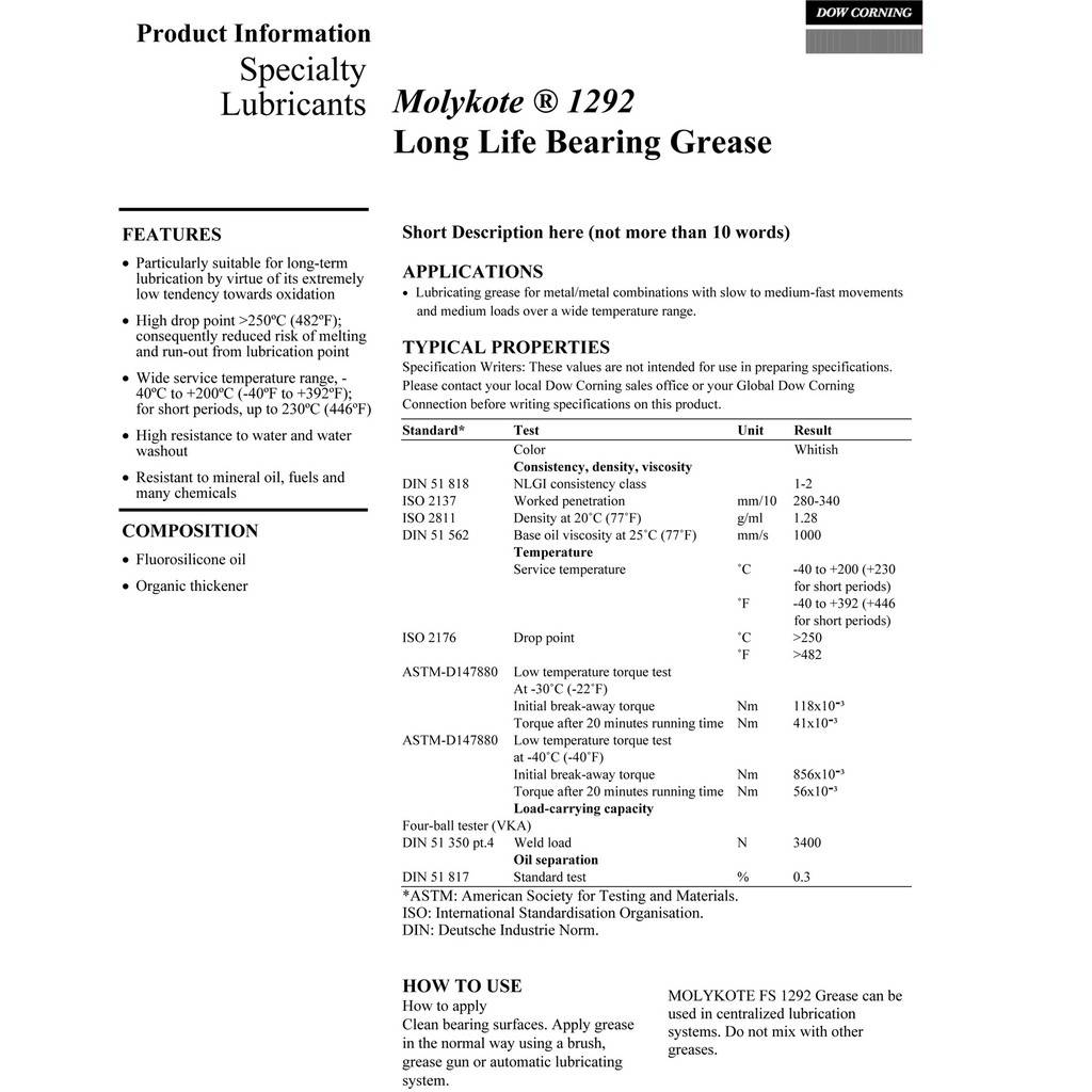 Molykote 1292 Long Life Bearing Grease FS1292 Fluorosilicone Bearing Grease Malaysia Supplier
