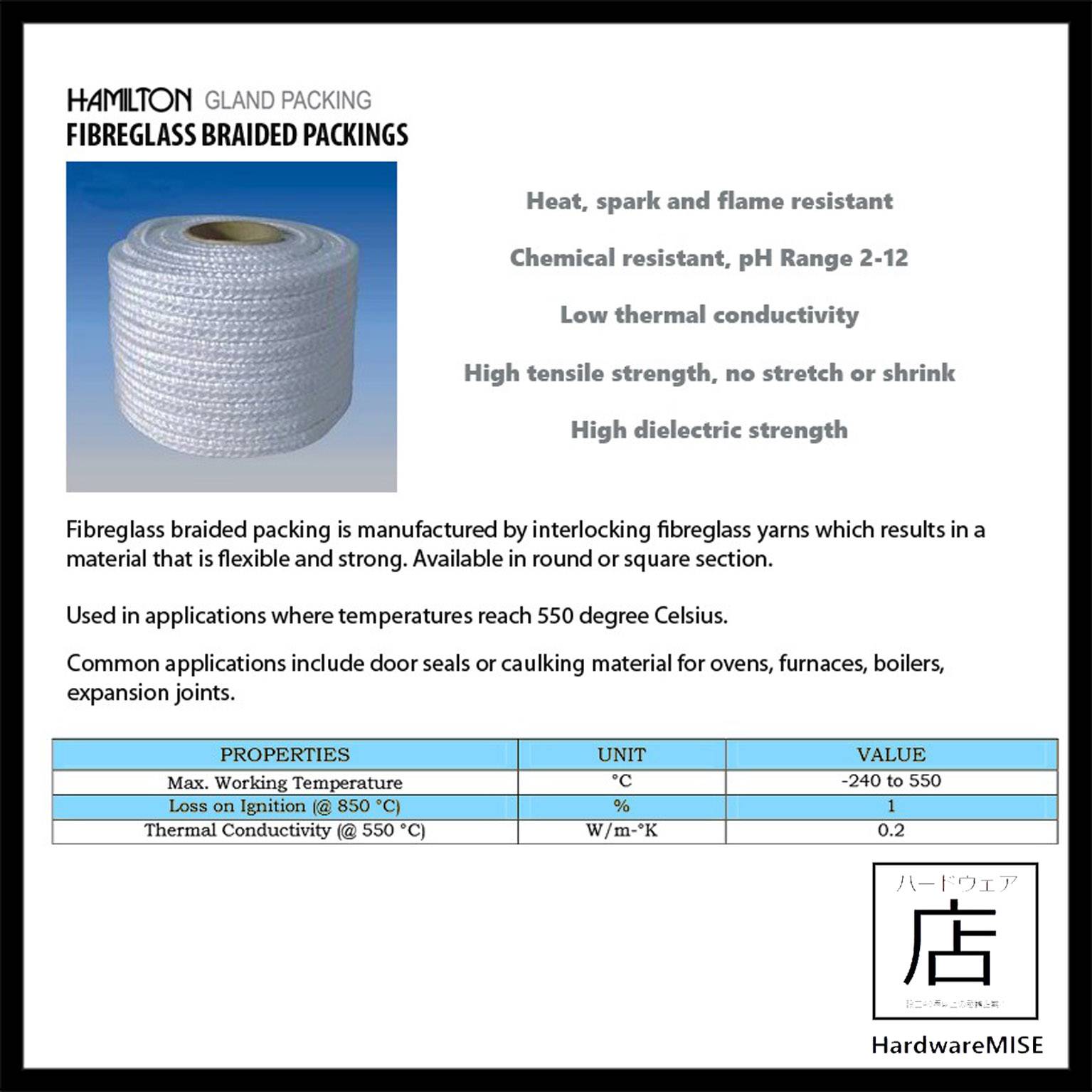 Fiberglass Square Braided Packing Rope 13mm x 13mm Malaysia Supplier