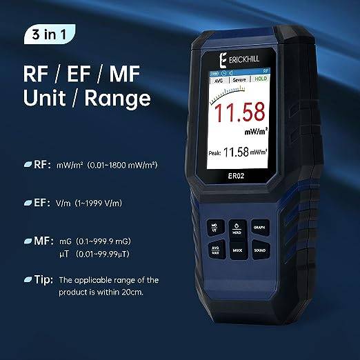 ERICKHILL EMF Meter MultiField Rechargeable Digital Radiation 3in1 EMF ELF RF