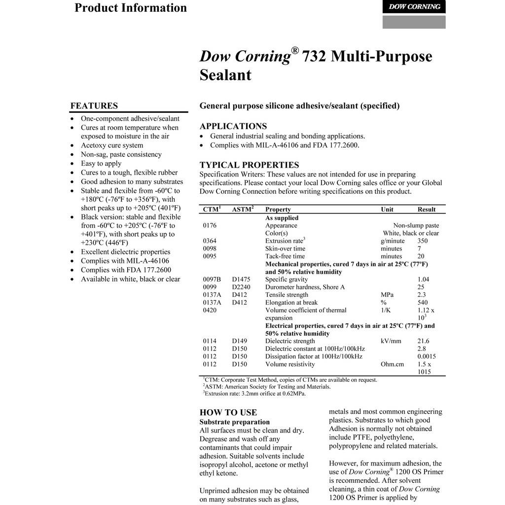 Dow Corning 732 Dowsil 732 MultiPurpose Silicone Sealant Food Grade