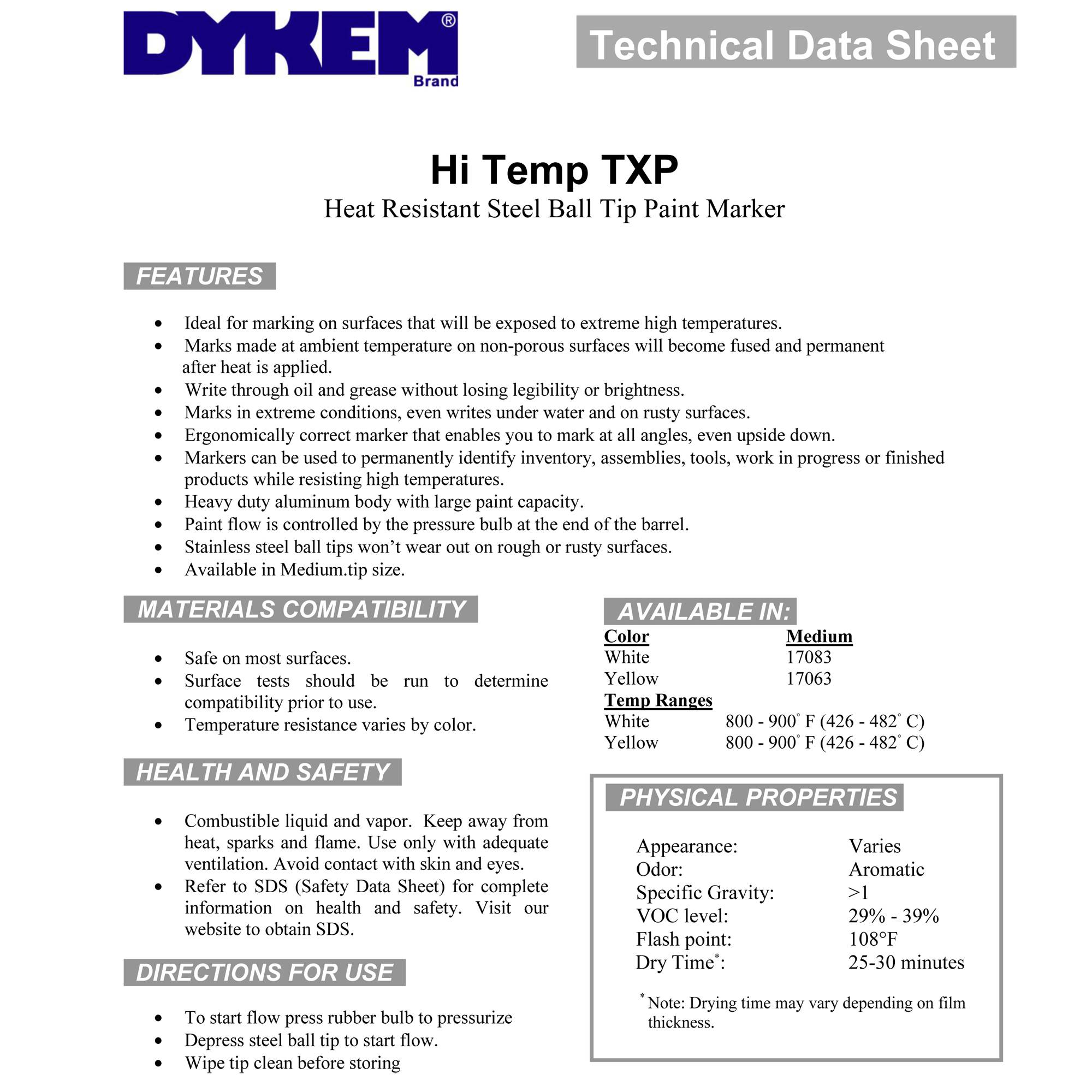 Dykem High Temp TXP Marker 17063 Yellow 12PCS PER CASE