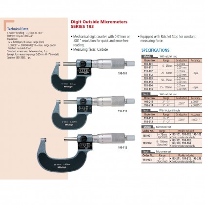 Mitutoyo 193-101 Outside Micrometer Digit Read Range 0-25mm Grad 0.001mm
