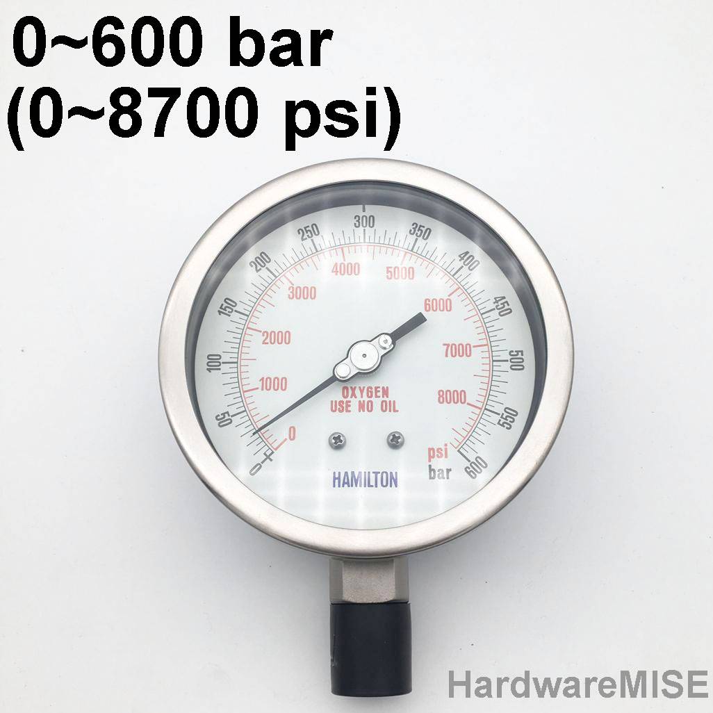 High Pressure Gauge 0 600 bar / 0 8700 psi 1/2" NPT Bottom 4" Dial