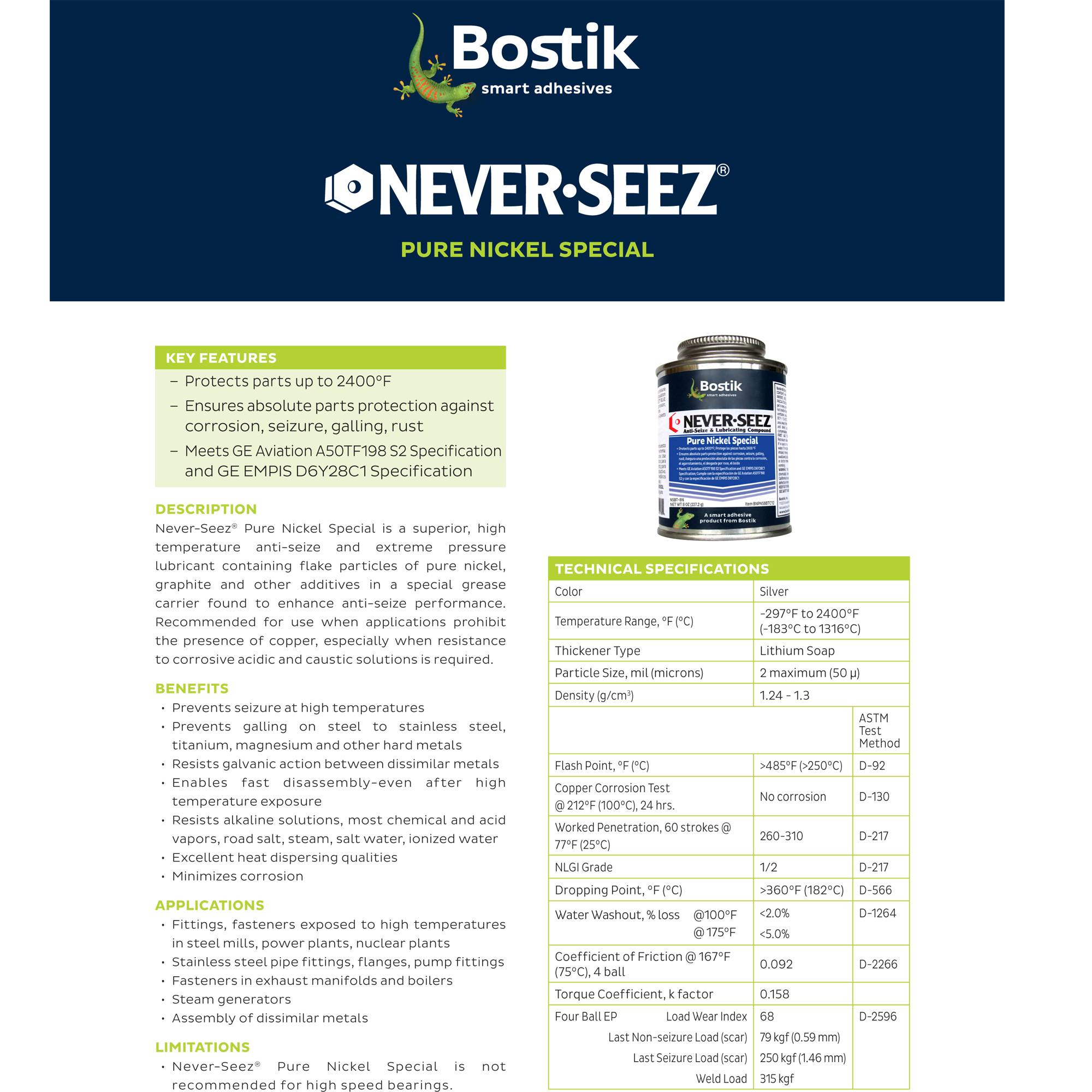 Bostik Never Seez Pure Nickel Special NSN165 NSBT16N 1LB 454.4g Anti