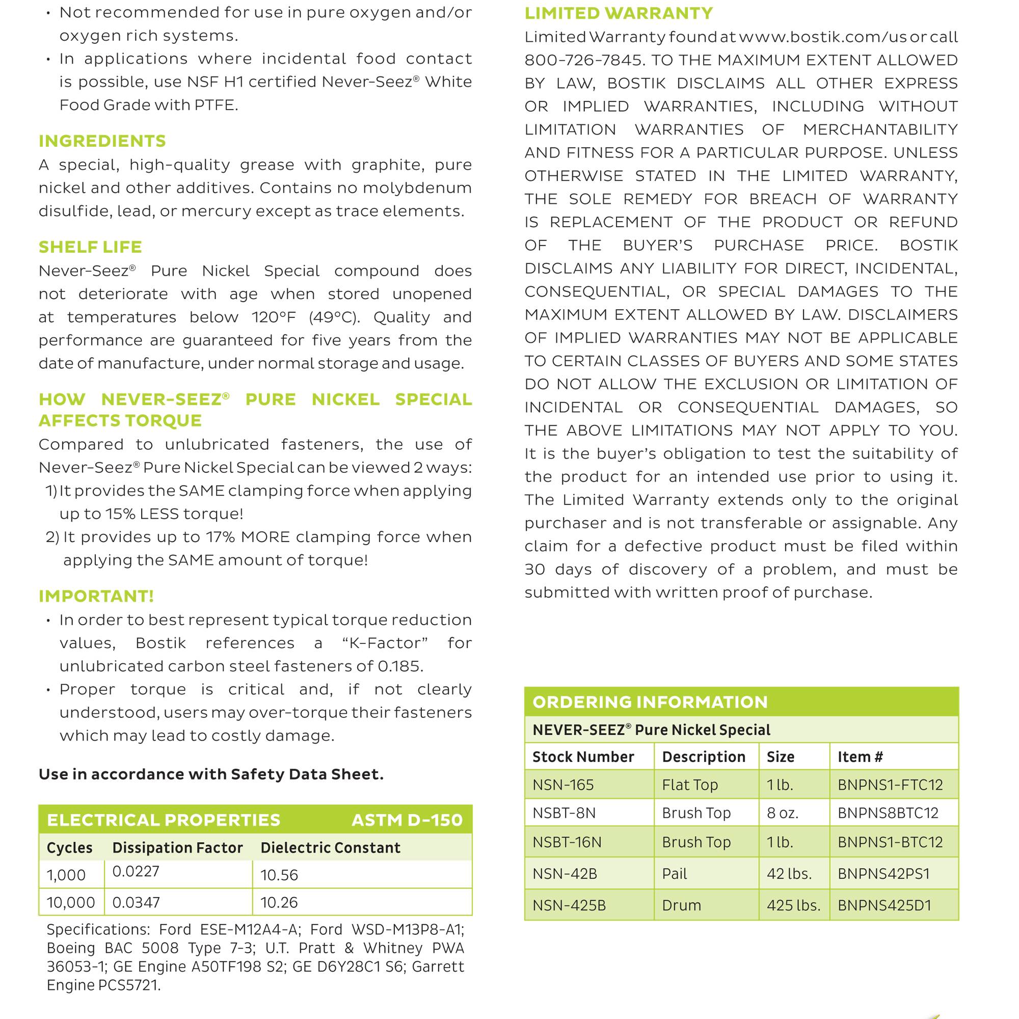 Bostik Never Seez Pure Nickel Special NSN165 NSBT16N 1LB 454.4g Anti