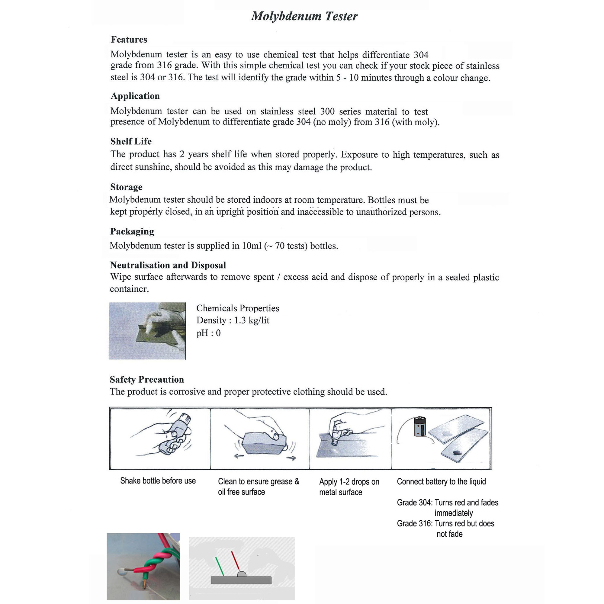 Stainless Steel Test Kit For 304 / 316 Differentiate SS304 or SS316 Molybdenum Tester